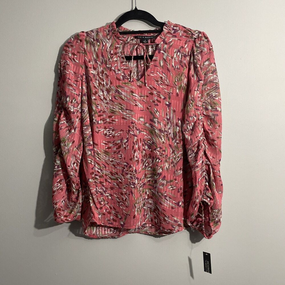 Zac & Rachel Feminine Pink Floral Blouse Tie-Neck Ruched Sleeves Size Small